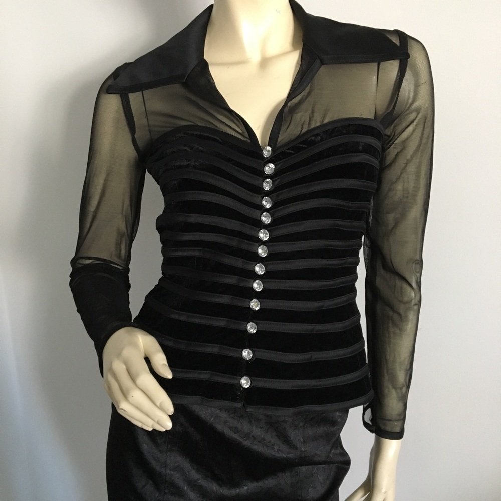 New Js Collections Black Mesh & Velvet Evening Top - image 1